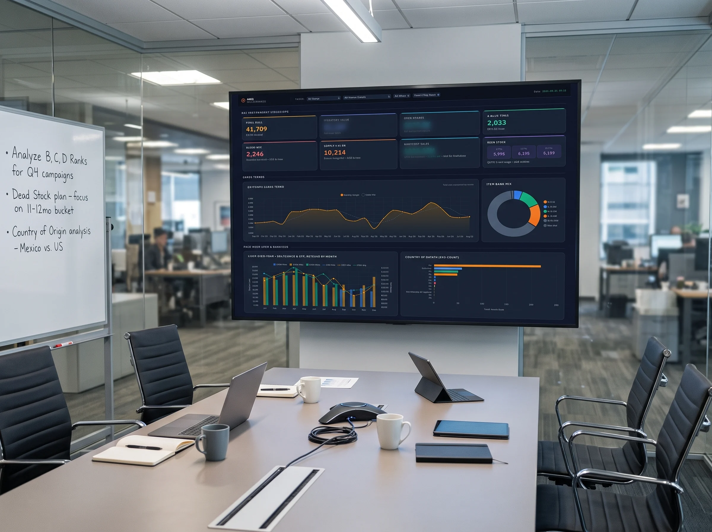 An inventory and sales intelligence dashboard on a boardroom screen
