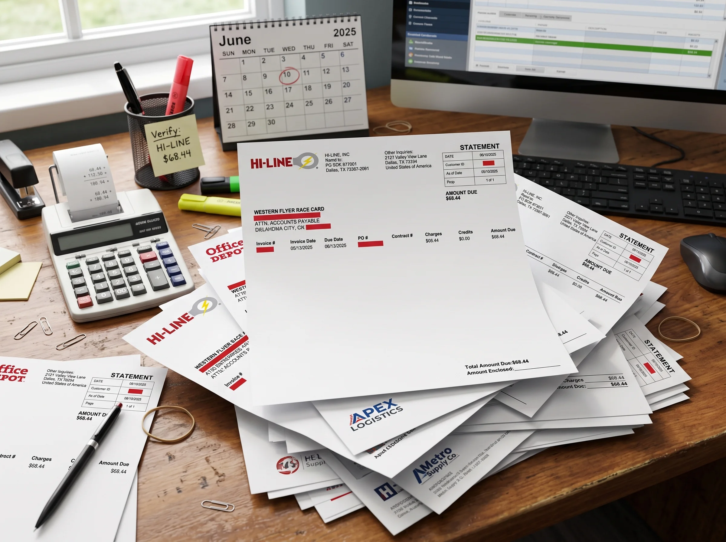 A desk covered in customer statements, invoices and a calculator tape