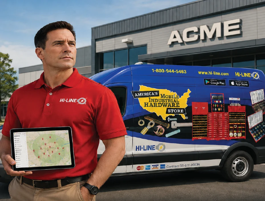 A Hi-Line Territory Manager holding a tablet of mapped accounts in front of his van