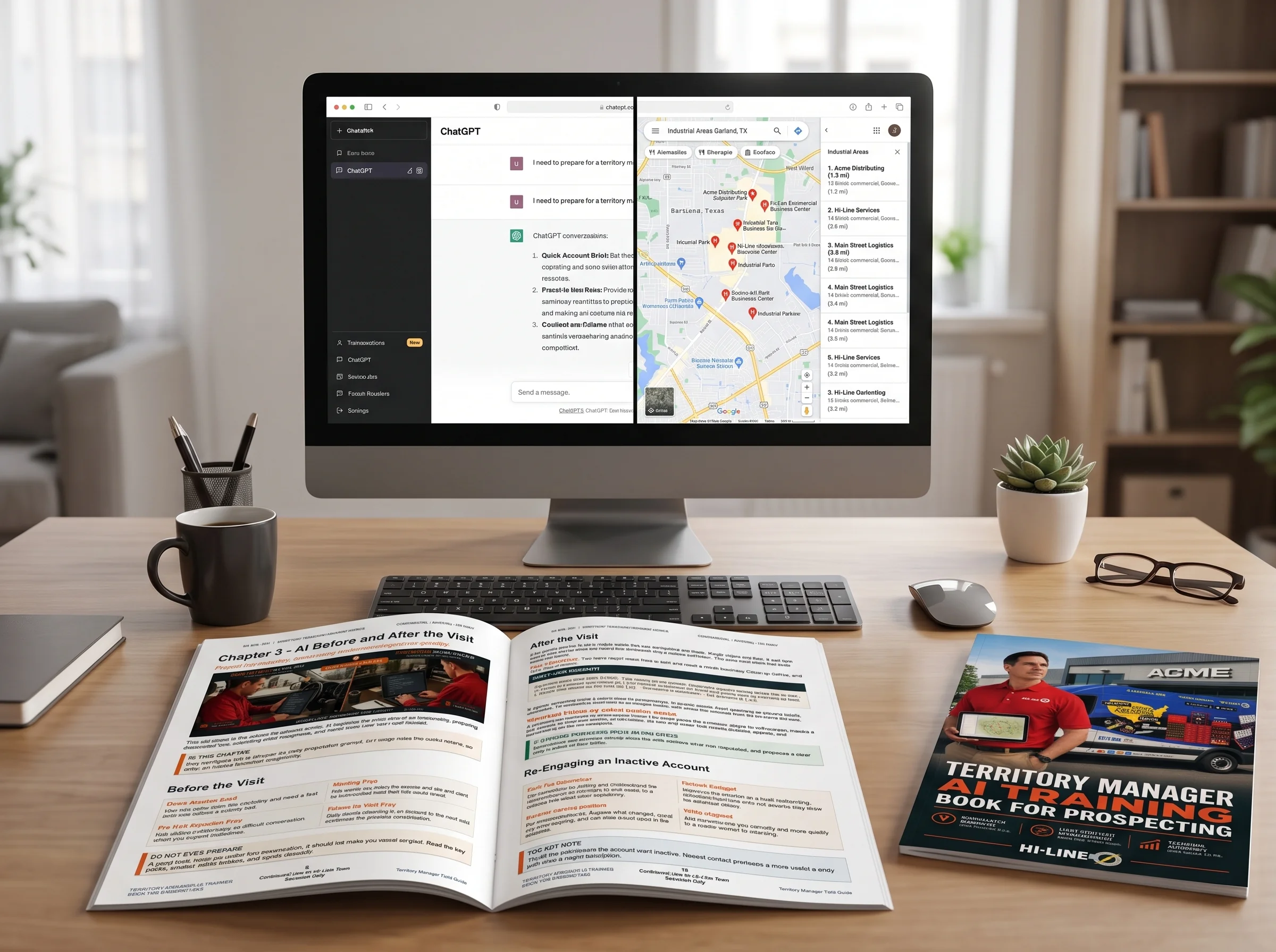 A desk with an AI assistant and a map of industrial accounts on screen, the printed Territory Manager AI training guide open beside it