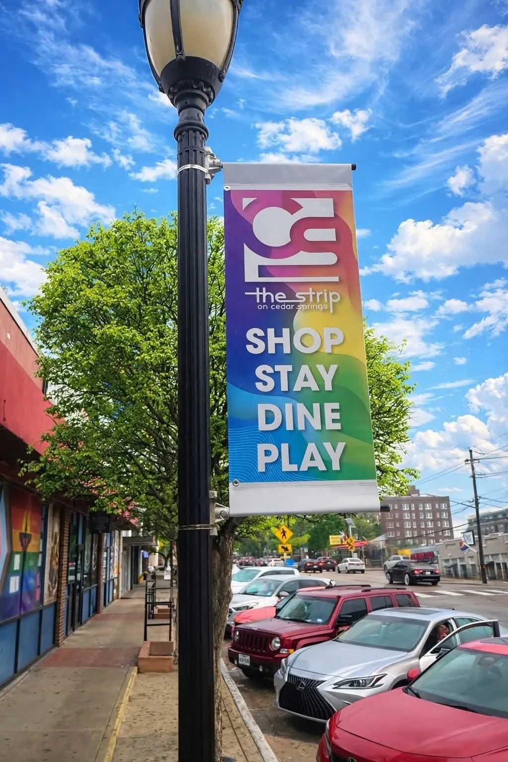 A Cedar Springs street banner in full rainbow on a lamp post above the district