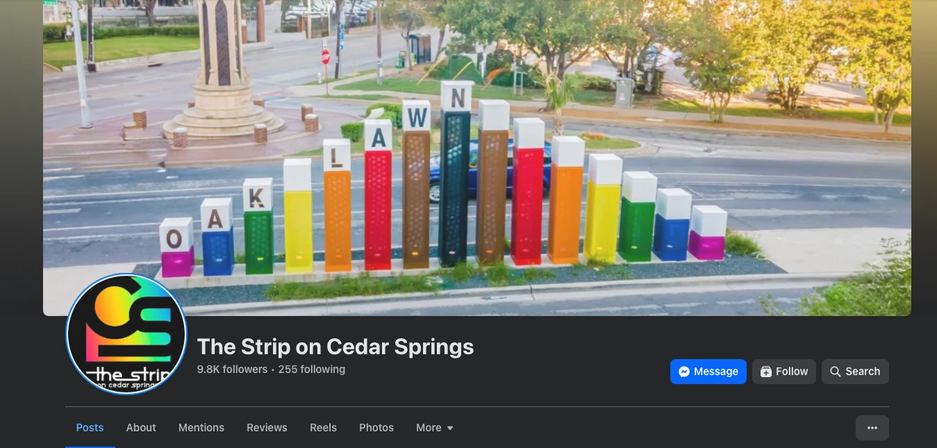 The district social page using the rainbow version of the mark above the Oak Lawn pylons