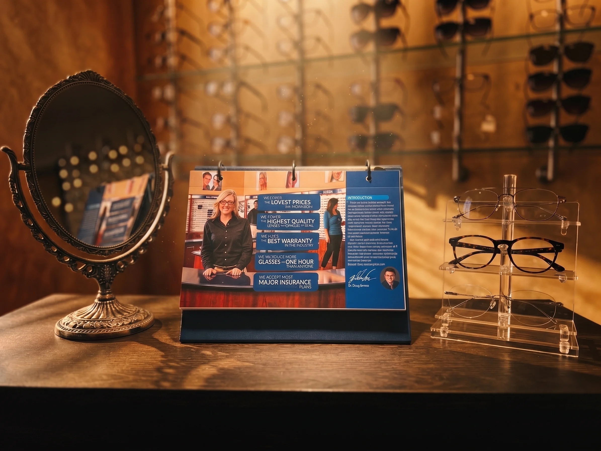 The Eyemart Vision Book open on a retail desk beside a mirror and a wall of frames
