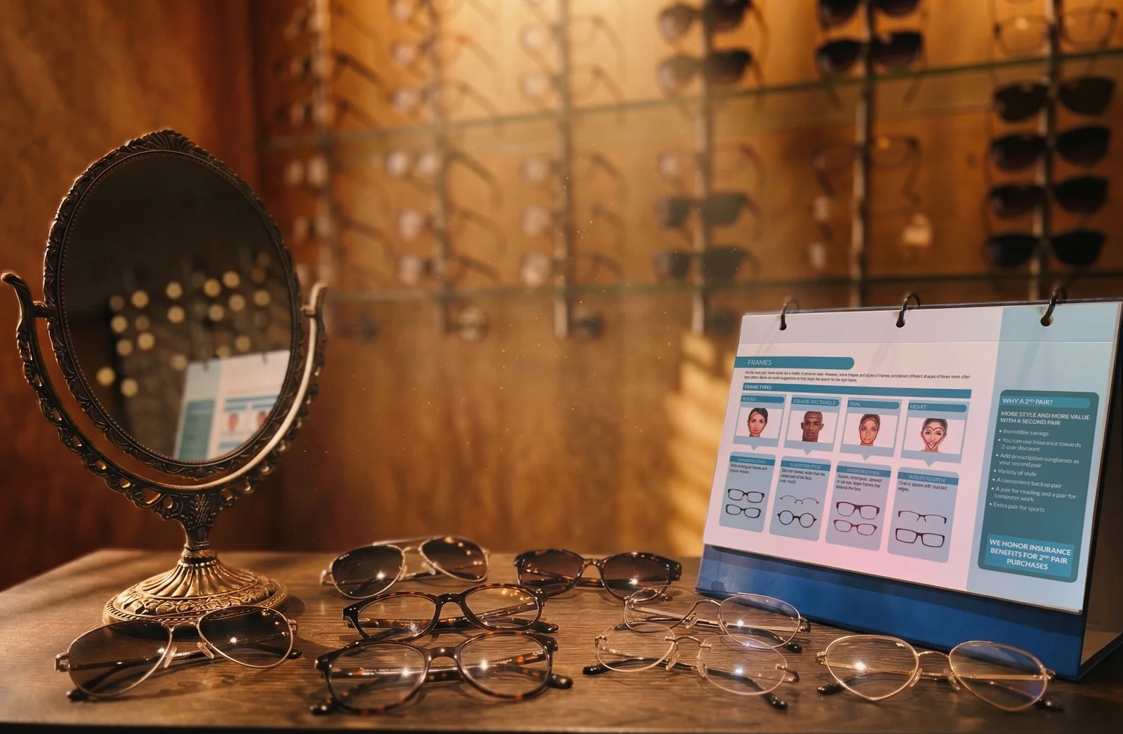The Vision Book standing on a retail desk beside a mirror and a spread of eyeglasses