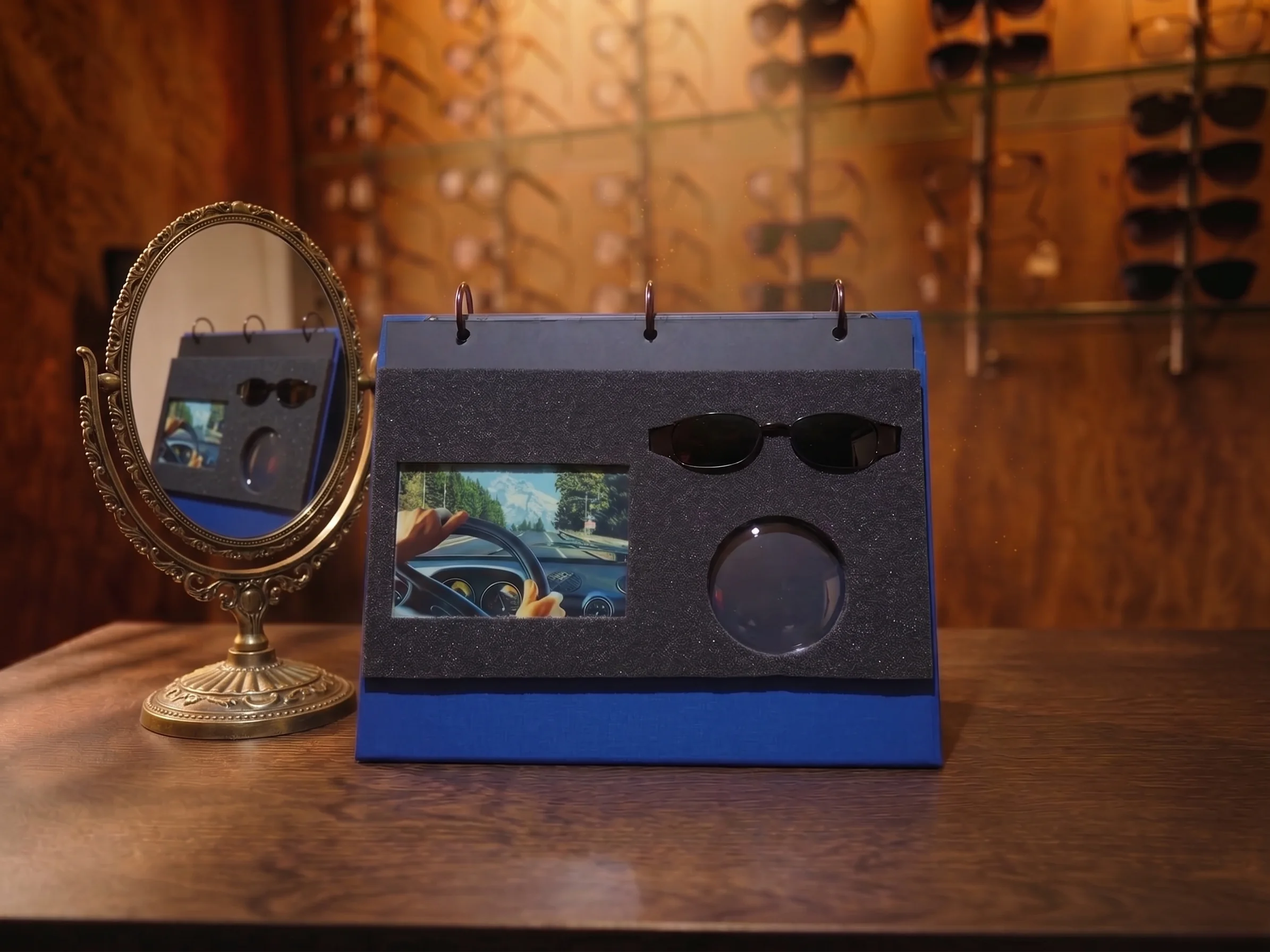 A foam page holding a polarized lens, sunglasses, and a driving photograph used to demonstrate glare