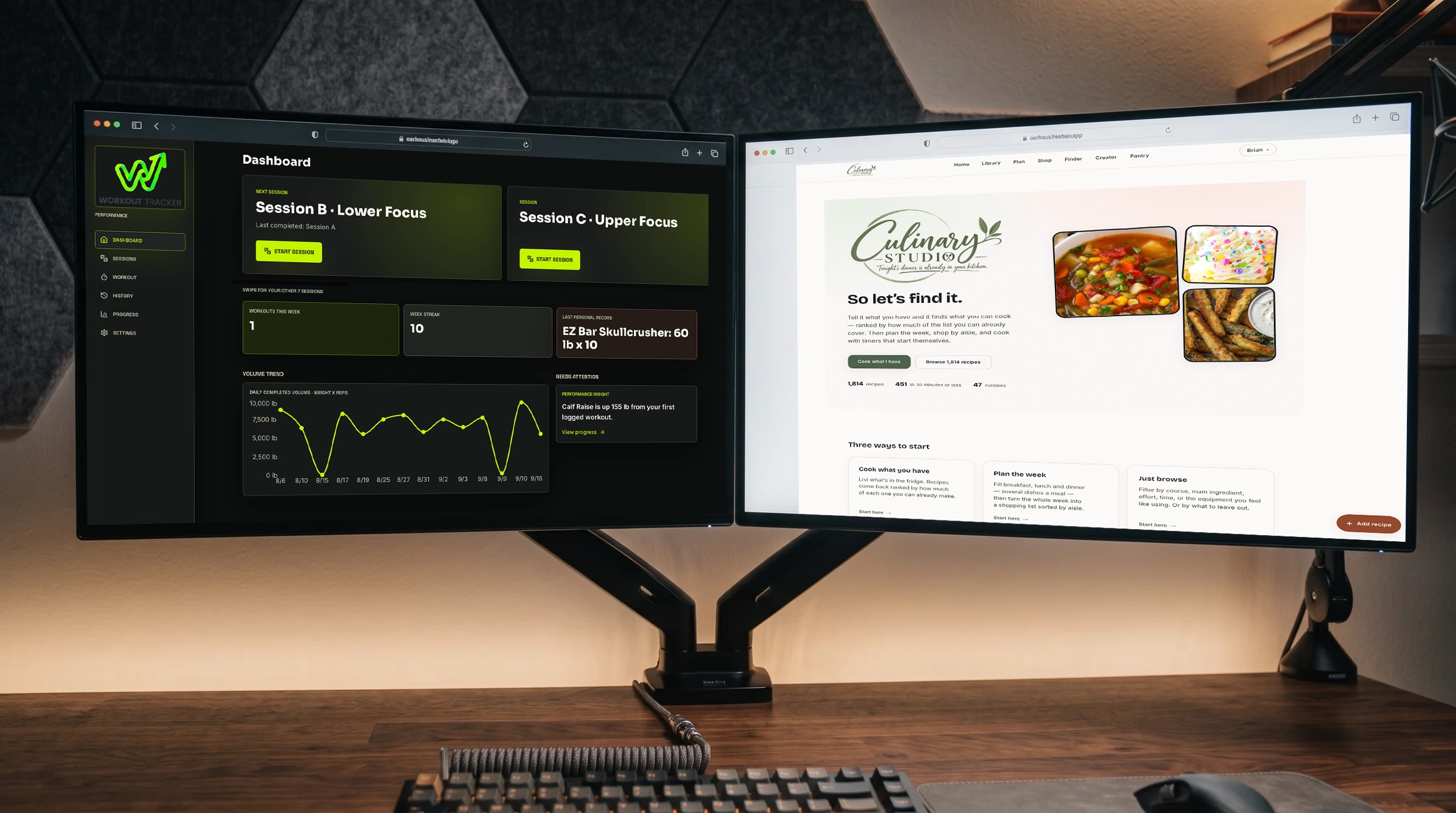 Workout Tracker and Culinary Studio running side by side on a two monitor desk