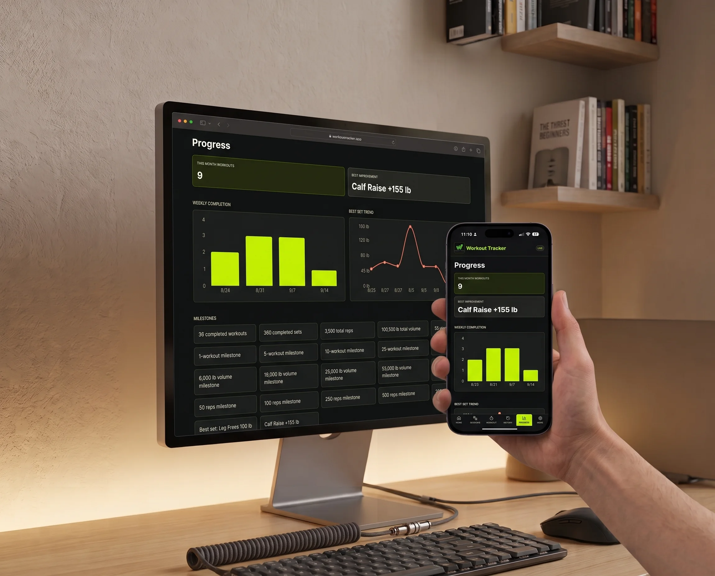 The Workout Tracker progress dashboard with weekly completion, best set trend, and milestones