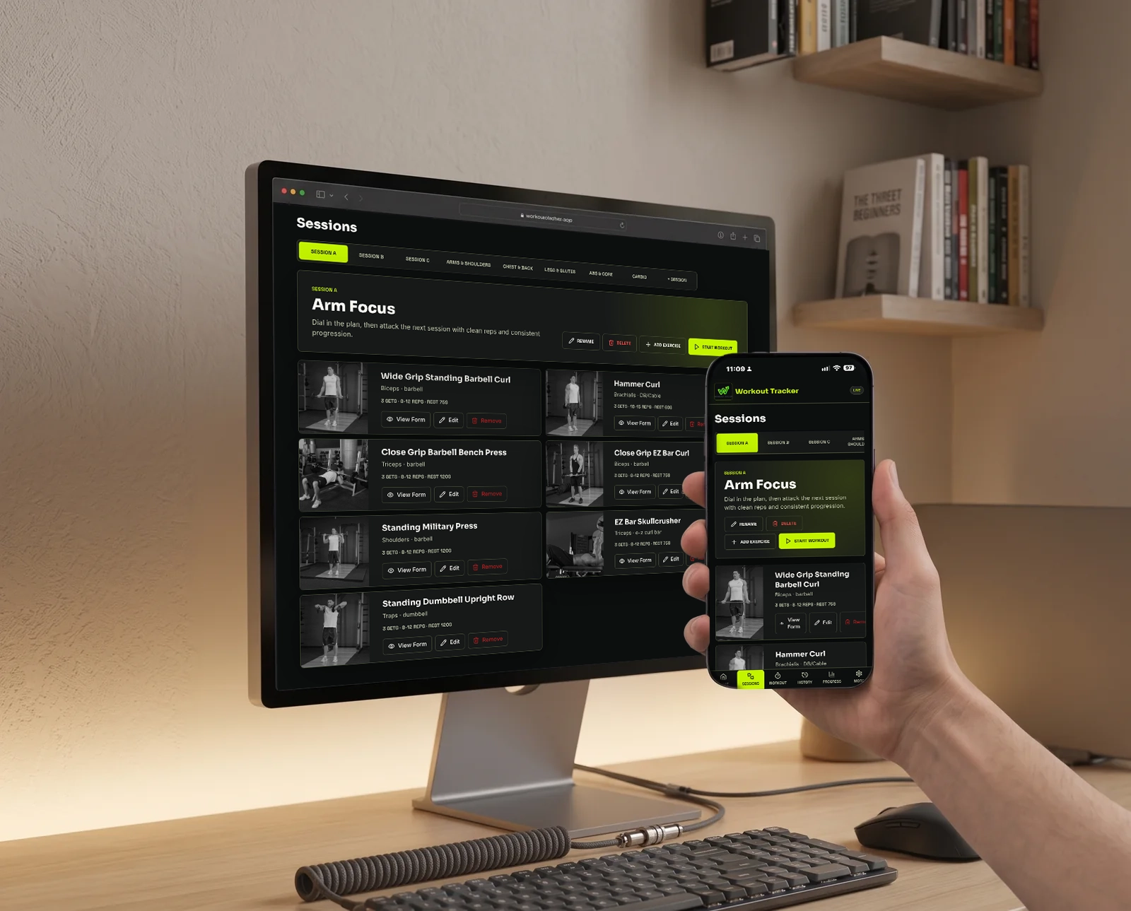 The Workout Tracker sessions screen on desktop beside the same view on a phone