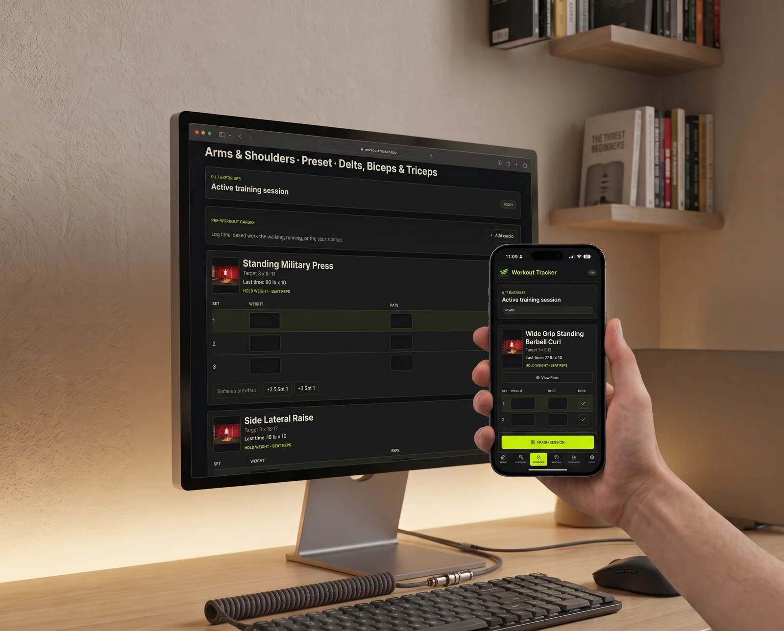 An active training session being logged set by set on desktop and phone