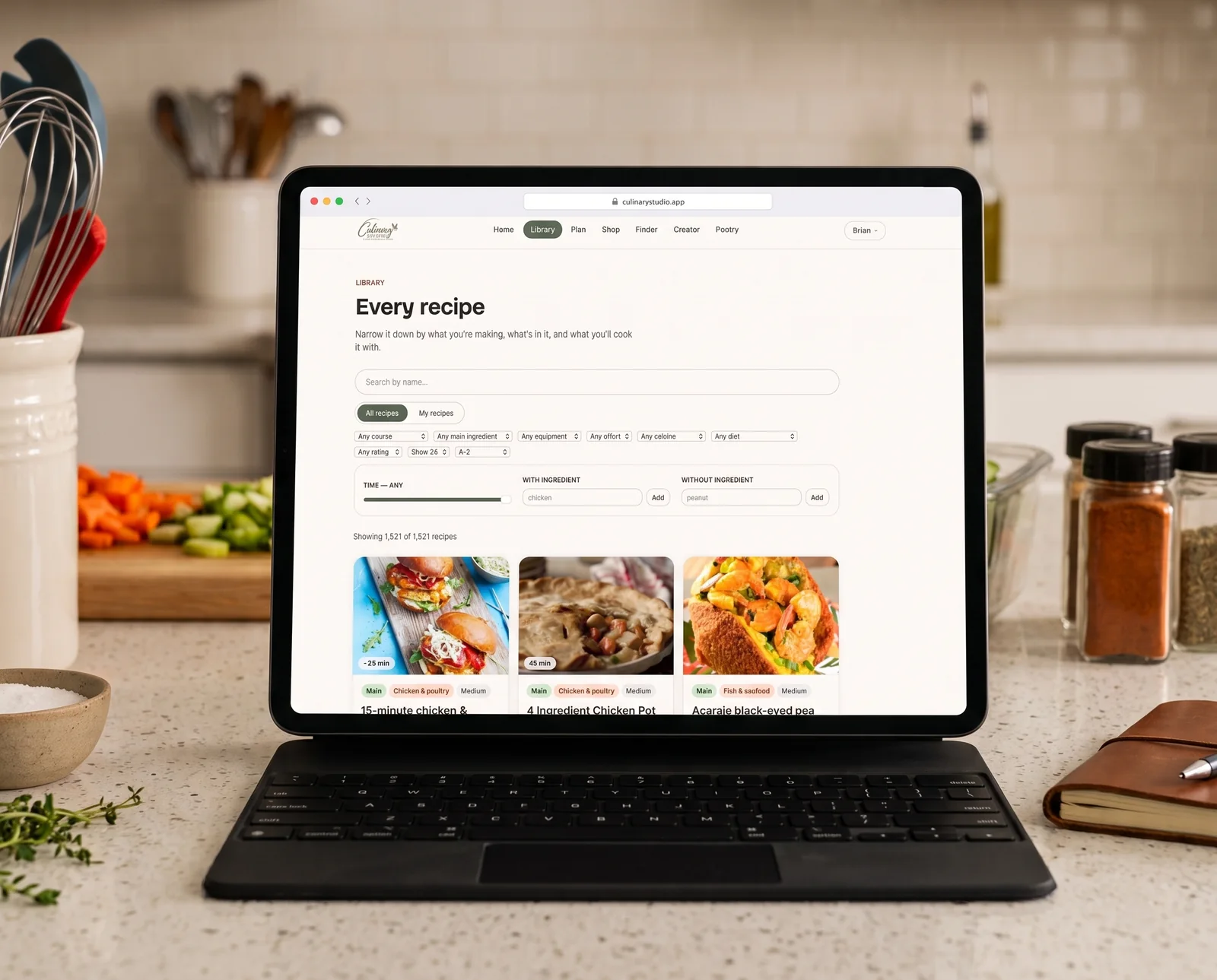 The Culinary Studio recipe library with filters and results