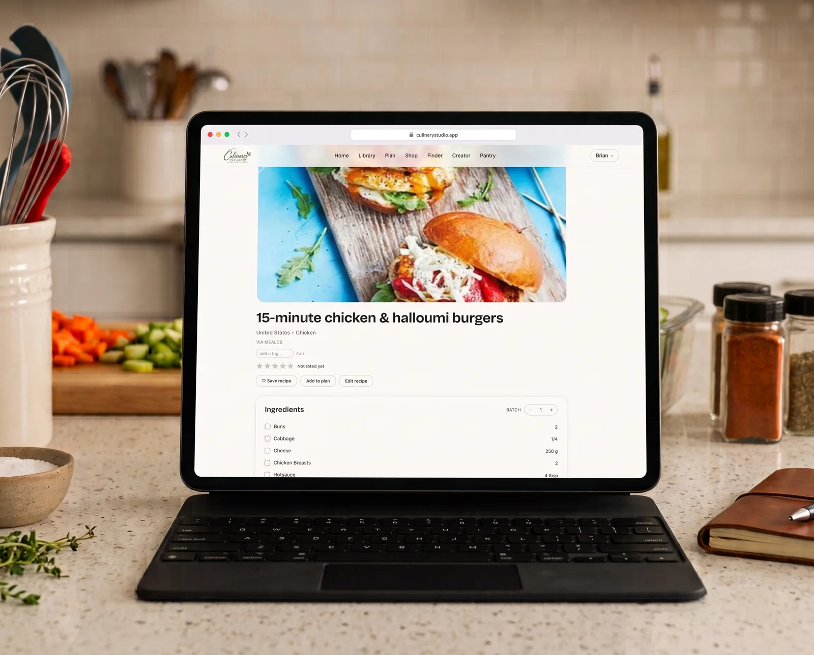 A Culinary Studio recipe page showing ingredients and batch scaling