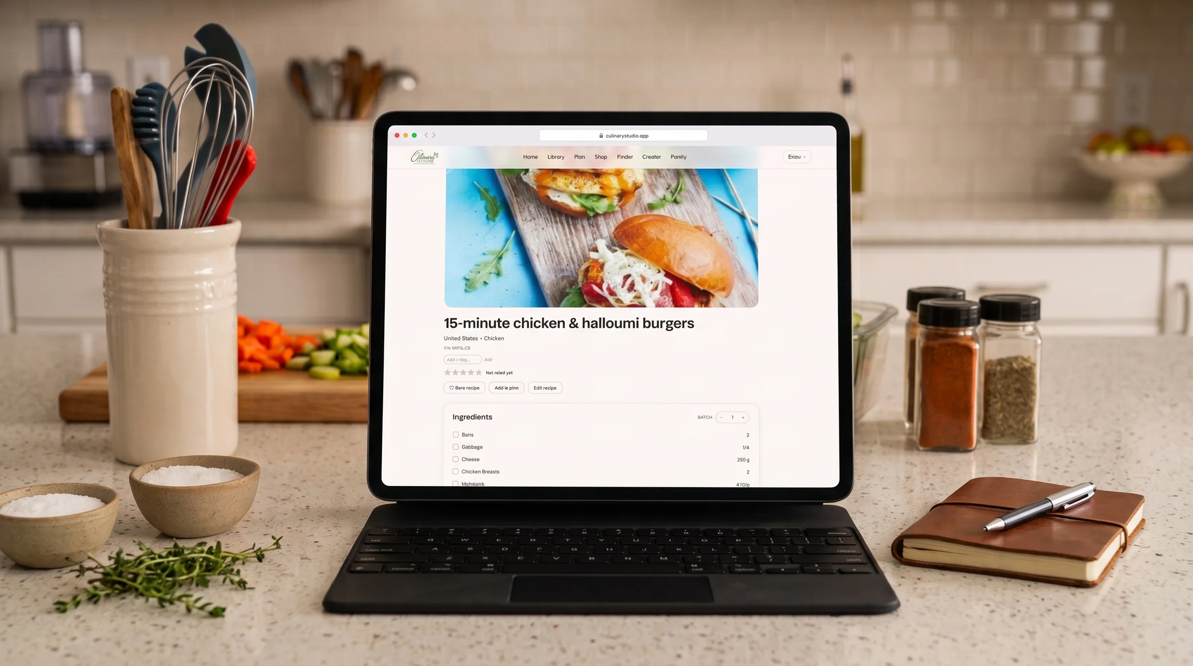 Culinary Studio open on a tablet on a kitchen counter surrounded by prep