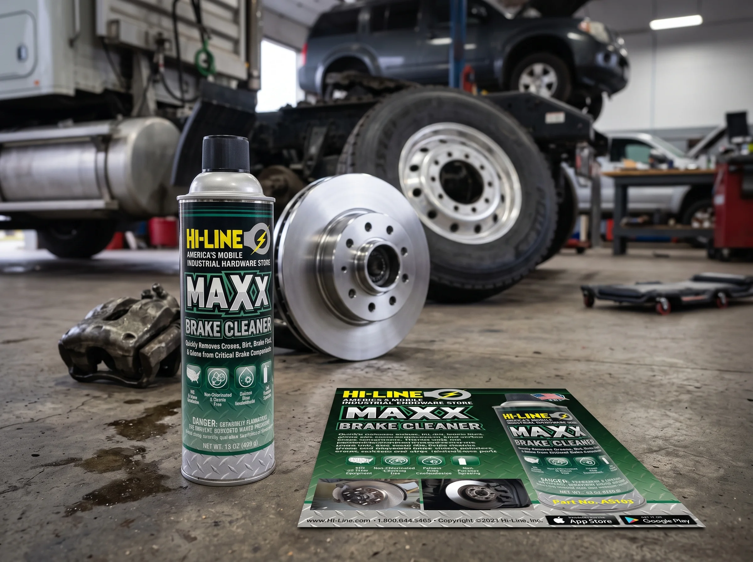 A MAXX brake cleaner can and sell sheet on a shop floor next to a brake rotor and caliper